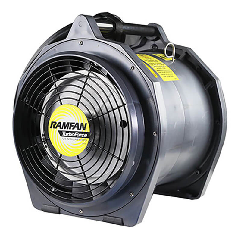 Image of a black portable industrial fan with a top handle and visible grille. The fan has yellow "RAMFAN TurboForce" branding and, as the RamFan Intrinsically Safe 12 in. Blower EB7201XX by Euramco, features an intrinsically safe blower design with safety labels and power cord attached at the back for hazardous locations.
