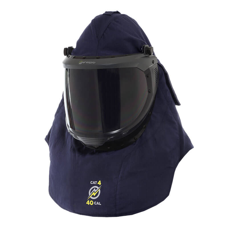 The NSA Enespro Airlite Ascend 40 Cal Arc Flash Lift Front Hood is a dark blue hood with a large, tinted PureView Faceshield featuring anti-fog/anti-scratch coating and “CAT 4 40 CAL” label, designed for electrical arc flash safety.
