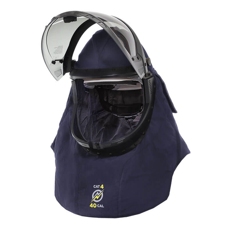 The NSA Enespro Airlite Ascend 40 Cal Arc Flash Lift Front Hood is dark blue, with a clear, anti-fog/anti-scratch PureView visor flipped up and CAT 4 (40 CAL) safety symbol on the front.