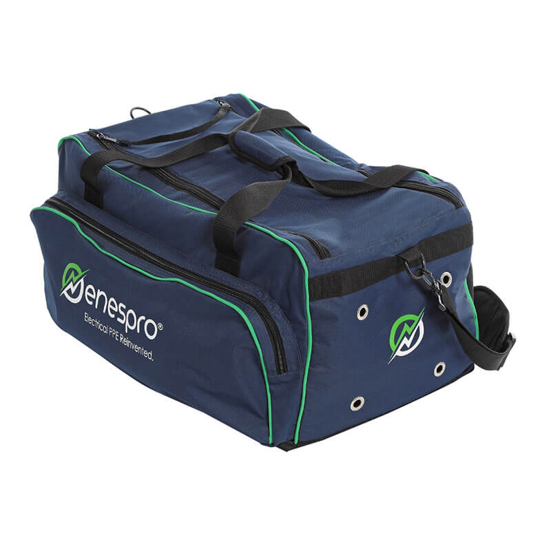 The NSA Enespro Premium Large Gear Bag ENBAG-LG is a navy blue bag with black padded handles, green trim, “enespro Electrical PPE Re-invented” on the side, zippered compartments, grommets, and a waterproof coating for protection.