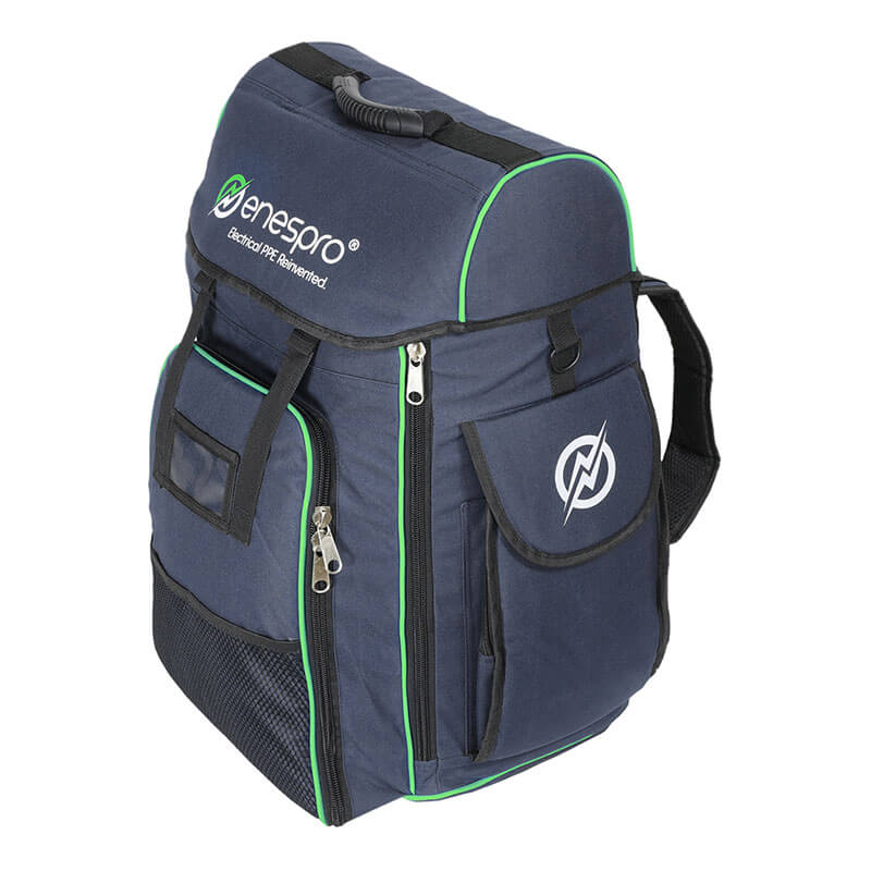 A dark blue NSA Enespro Premium Large Backpack ENBKPACK-LG with light green piping, multiple zippered compartments, mesh side pockets, and a top handle—ideal for carrying an electrical glove kit or faceshield.