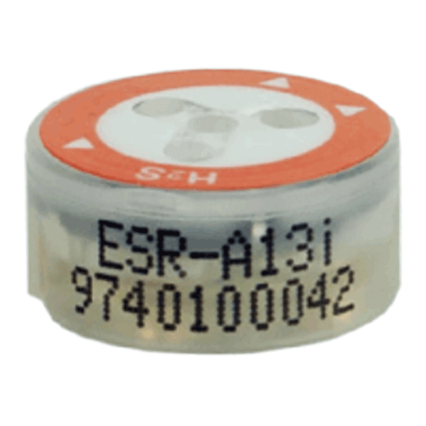 Close-up of a small cylindrical component labeled "RKI Replacement H2S Sensor ESR-A13i-H2S" for use in gas monitors, featuring a red and white circular symbol on top.