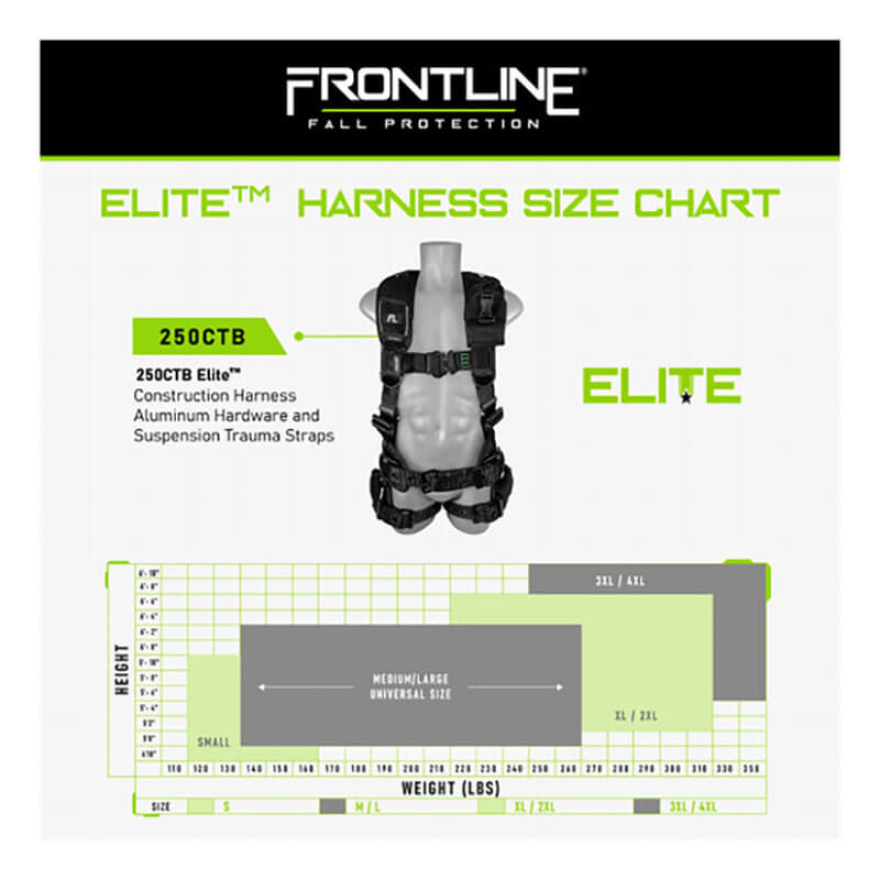The Frontline Fall Protection Elite Harness Aluminum HW & Trauma Straps is displayed on a mannequin with aluminum hardware, featuring a size chart showing height and weight ranges in a grid at the bottom.