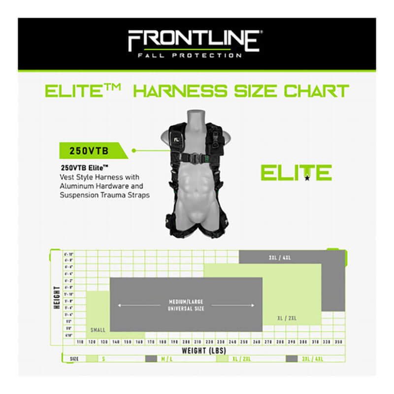 A size chart for the Frontline Fall Protection Frontline Elite Vest Harness Aluminum HW & Trauma Straps, showing a black harness with aluminum hardware on a mannequin and a grid matching sizes S, M/L, XL, and 2XL to user height and weight.