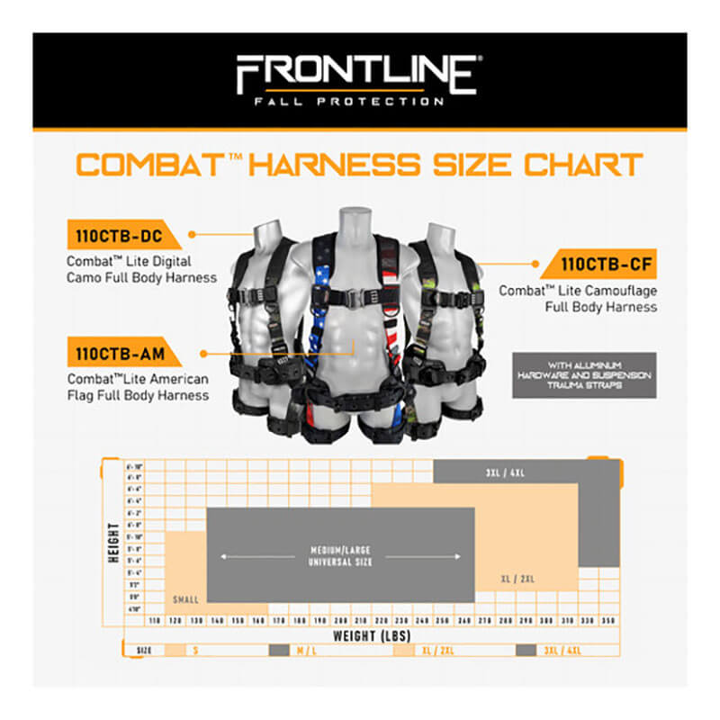 The Frontline Fall Protection Combat Harness Size Chart features the Digital Camo Harness with aluminum hardware and trauma straps, shown on mannequins with a sizing chart for weight, height, and model details.