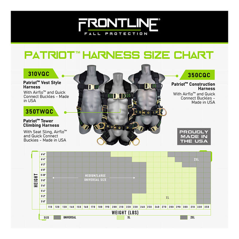The Frontline Fall Protection Patriot Vest Harness with Airflo, Quick Connect has a size chart covering heights 5'2"-6'8" and weights 110-387+ lbs for sizes S-2XL. All models feature quick connect buckles, breathable padding, and are made in the USA.