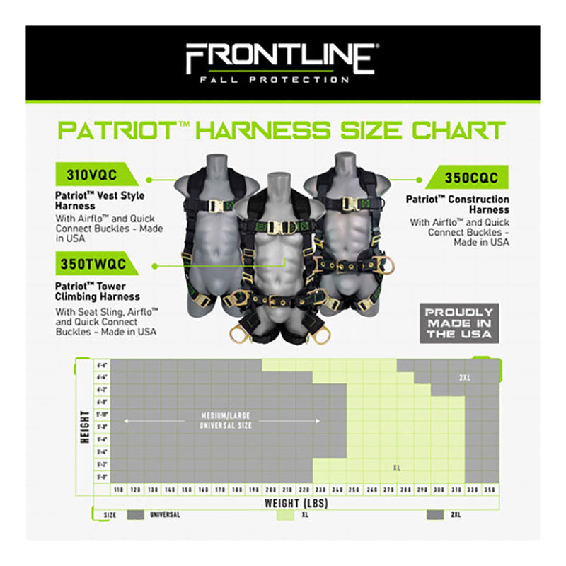 The Frontline Fall Protection Patriot Harness w/SeatSling, Airflo, Quick Connect size chart shows three harness models with Airflo padding on mannequins, labeled by model and features above a height and weight sizing graph.