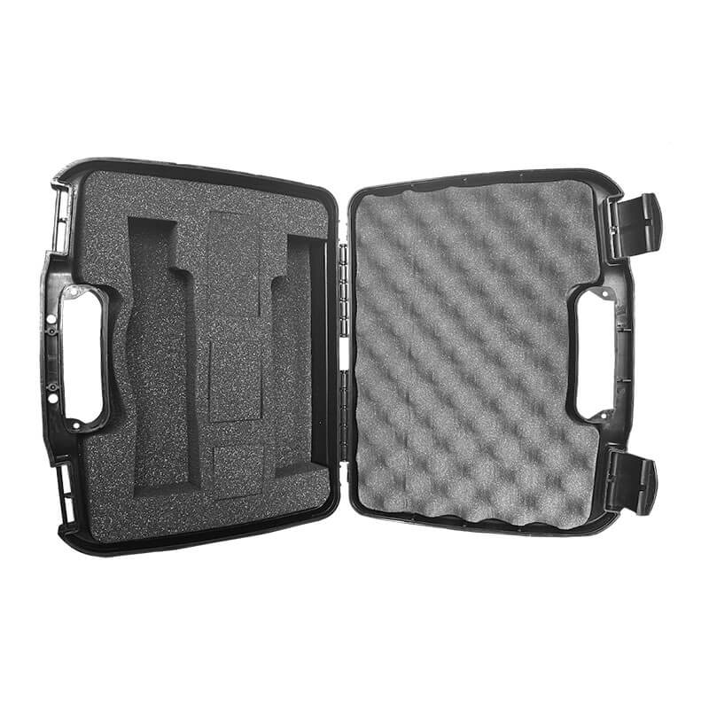 The ISG Small Black Calibration Carrying Case C-100 by Intermountain Specialty Gases features a hard plastic shell, textured foam lining, custom-cut compartments for safety gear on the left, and egg-crate padding on the right.