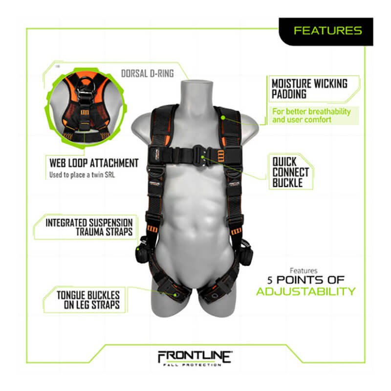 A Frontline Combat Lite Vest Harness Aluminum HW & Straps from Frontline Fall Protection is shown in black with orange accents on a mannequin, highlighting suspension trauma straps, dorsal D-ring, quick connect buckle, and moisture-wicking padding.