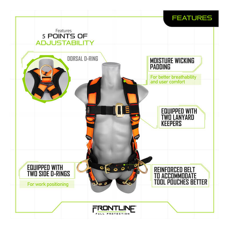 A mannequin wears the Frontline Combat Harness w/Tongue Buckle Belt & Legs 50CTB in orange/black, featuring dorsal/side D-rings, lanyard keepers, moisture-wicking padding, reinforced tool belt. Frontline Fall Protection logo shown.