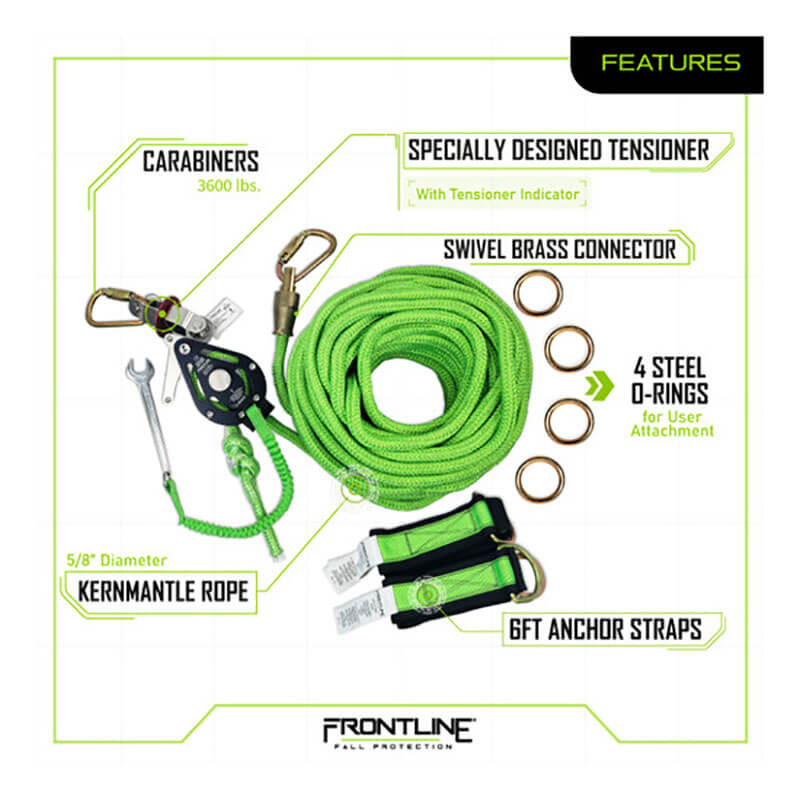The Frontline Fall Protection 4-Person 100' Adjustable HL System includes a bright green kernmantle rope, carabiners, corrosion-resistant pulley, steel D-rings, and 6' anchor straps—all shown clearly labeled on a white background.