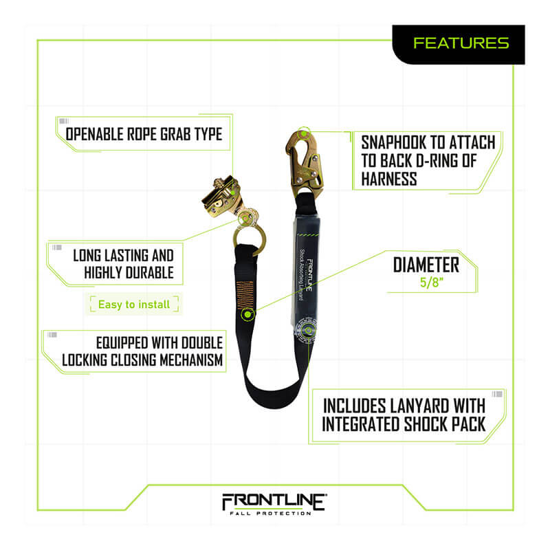 The Frontline Fall Protection Self-Tracking Rope Grab for 5/8" rope with a 3' lanyard is shown on a white background, featuring labeled callouts for its double locking snap hook, openable grab, shock pack, and durable black and gold design.