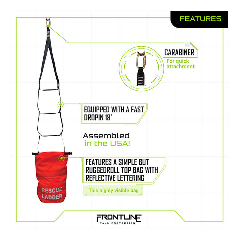 Image of the Frontline Fall Protection Rescue 18' Ladder Kit RLA18: features a carabiner for fast attachment, rugged red bag with reflective “Rescue Ladder” lettering, and text noting it's assembled in the USA.