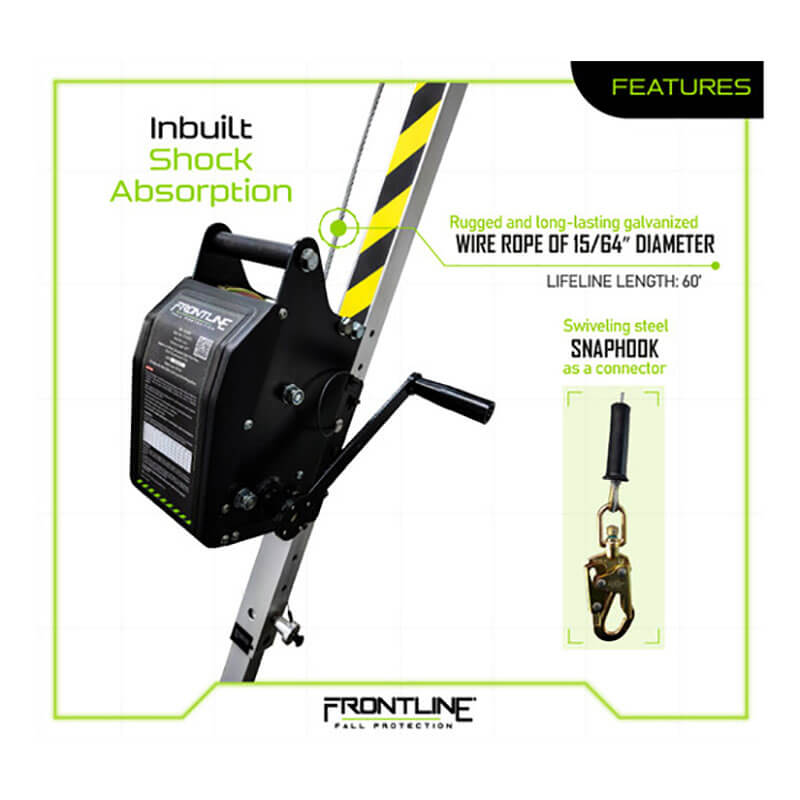 The Frontline MEGApod 60' Confined Space Winch from Frontline Fall Protection features a hand crank, built-in shock absorption, 60' galvanized steel cable, swiveling steel snaphook connector, and is mounted on a metal frame. FRONTLINE logo below.
