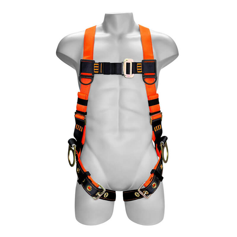 A gray mannequin torso displays the Frontline Fall Protection Combat Economy Harness with tongue buckle legs and 3 D-rings, in orange and black, ensuring optimal safety.