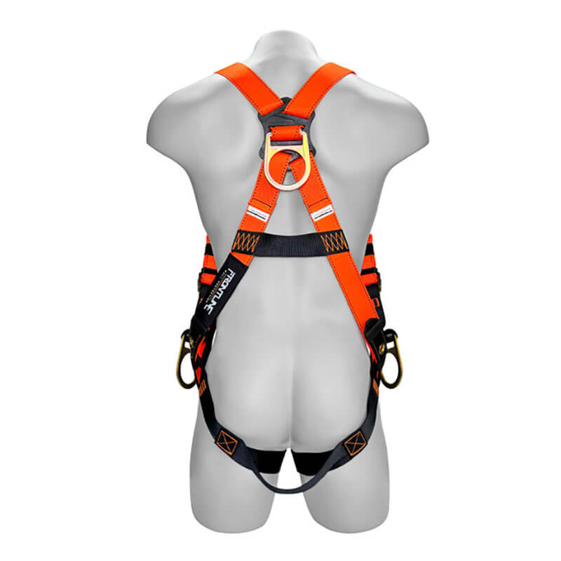 A mannequin showcases the Frontline Fall Protection Combat Economy Harness with tongue buckle legs, adjustable straps, and 3 metal D-rings, displayed from the back for secure fall protection.