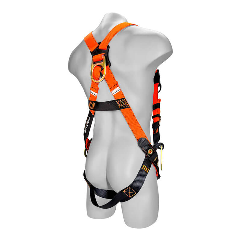 A gray mannequin is shown from the back wearing the Frontline Combat Economy Harness by Frontline Fall Protection, featuring orange/black straps, tongue buckle legs, metal buckles, and 3 D-rings for enhanced fall protection.
