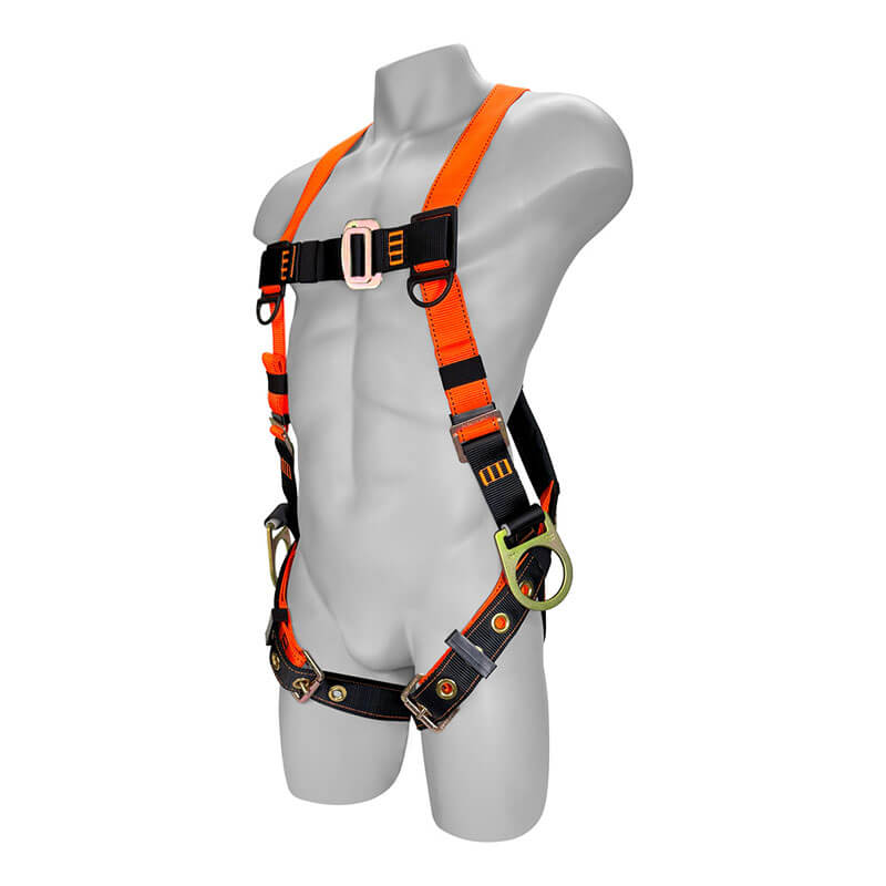 A gray mannequin torso displays the Frontline Combat Economy Harness with tongue buckle legs and 3 D-Rings by Frontline Fall Protection, an orange and black fall protection harness for construction or industrial use.