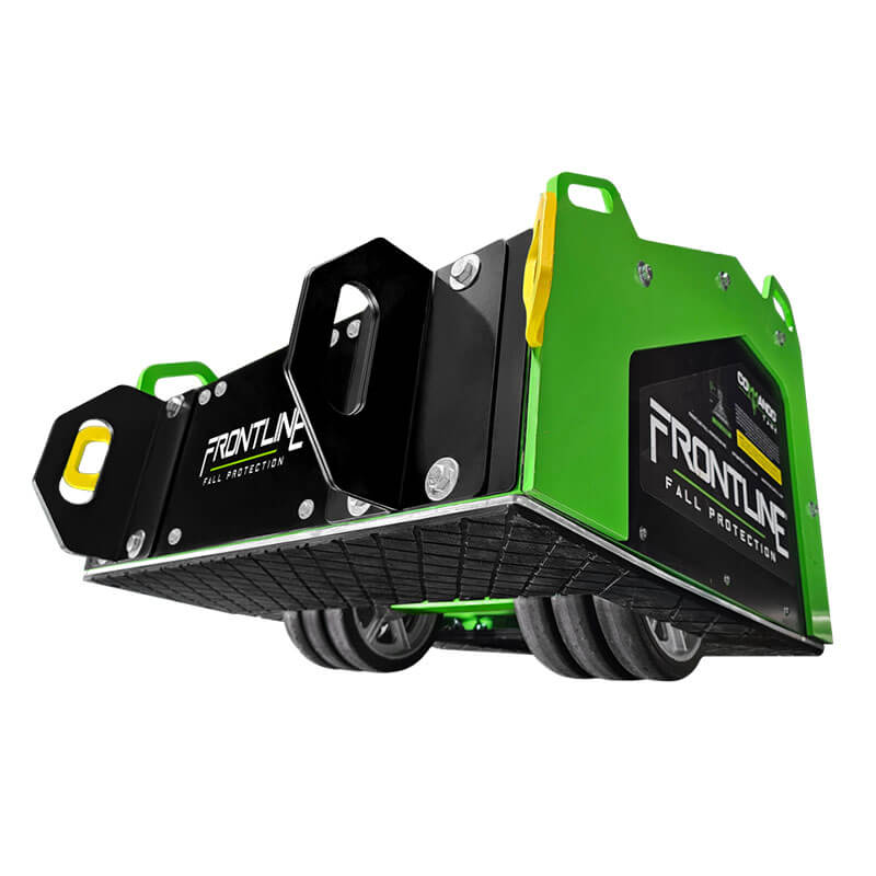 The Frontline Commando Tank Non-Penetrating Fall Protection Cart by Frontline Fall Protection is a green and black mobile cart with wheels, designed for superior jobsite safety in construction or industrial environments.