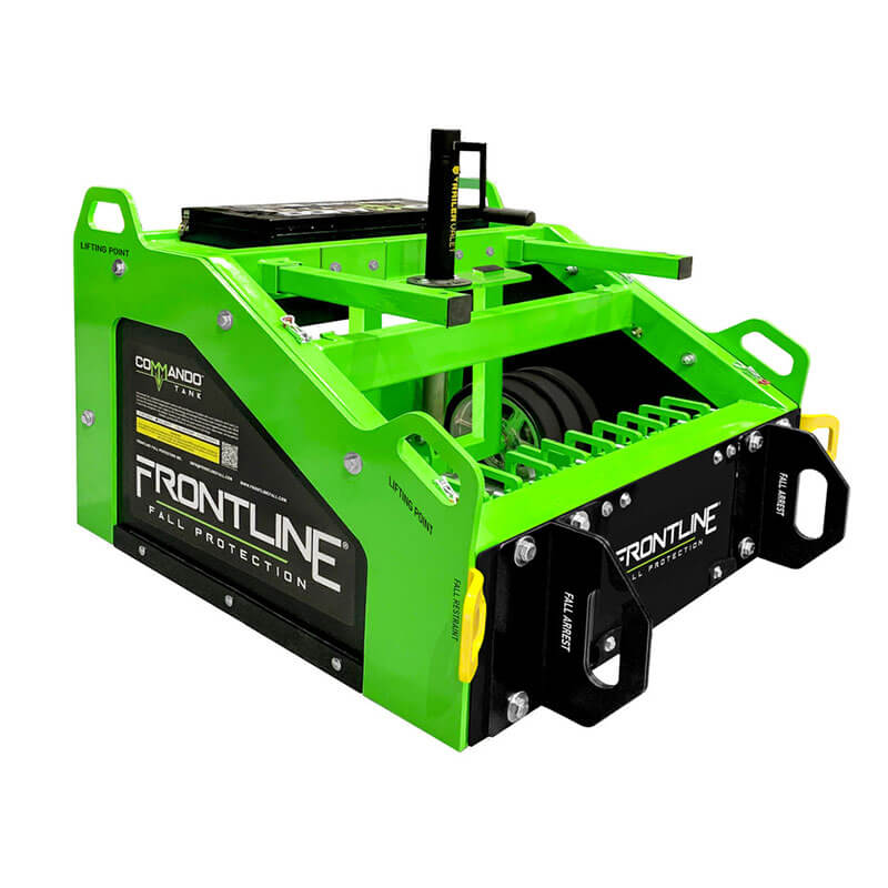 The Frontline Commando Tank Non-Penetrating Fall Protection Cart by Frontline Fall Protection is a bright green, wheeled safety cart with handles and lifting points, featuring black and yellow accents for jobsite construction safety.
