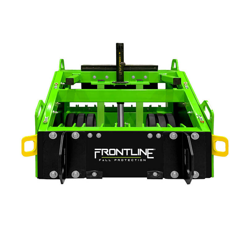 The Frontline Commando Tank Non-Penetrating Fall Protection Cart by Frontline Fall Protection features sturdy metal frames, handles, and multiple wheels—delivering non-penetrating fall protection to boost jobsite safety.