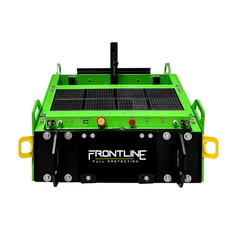 A green and black Commando Tank SLR-PAN by Frontline Fall Protection with side handles, control buttons, and top connectors. Features the Frontline Solar Panel System for added functionality.
