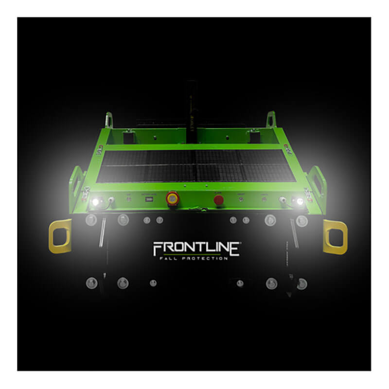 A Frontline Solar Panel System for Commando Tank SLR-PAN by Frontline Fall Protection is shown against a black background. The green machine features handles and high-intensity headlights, with the brand logo displayed on the front.