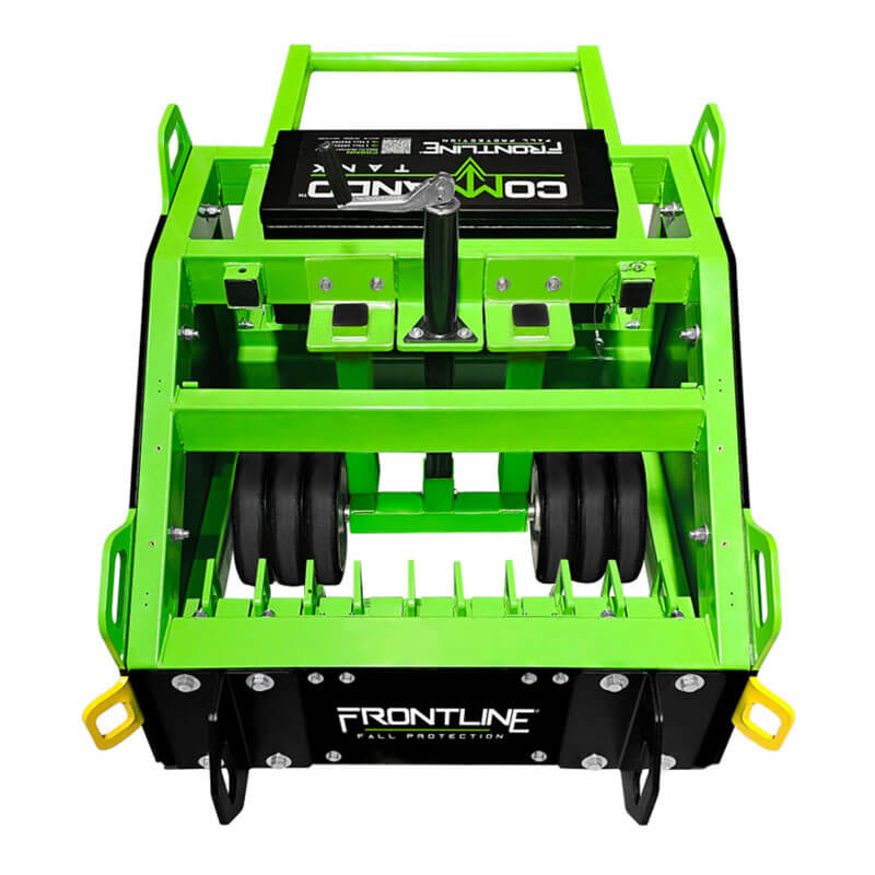 A bright green, box-shaped Frontline Commando Tank Non-Penetrating Fall Protection Cart by Frontline Fall Protection, featuring wheels, metal tines, and handles for improved jobsite safety during turf or lawn maintenance.