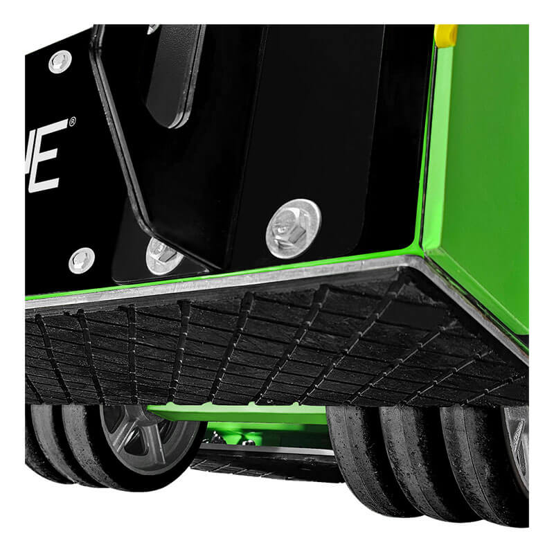 Close-up of the underside of the Frontline Commando Tank Non-Penetrating Fall Protection Cart by Frontline Fall Protection, featuring four black wheels and a textured surface for enhanced jobsite safety without roof penetration.