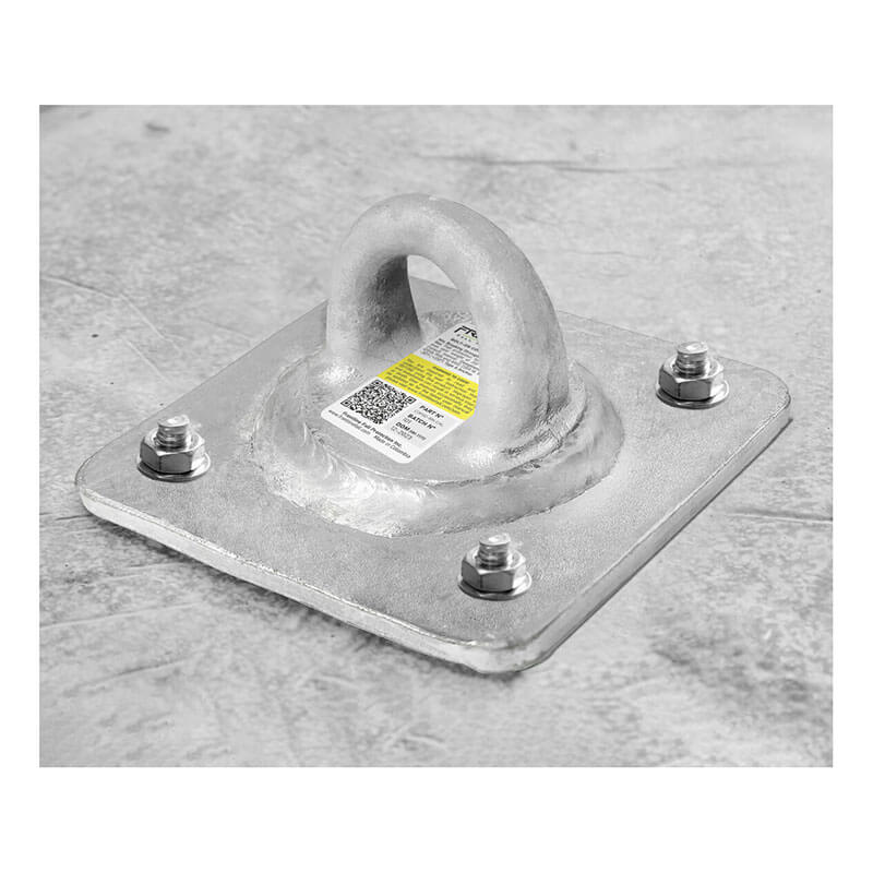 The Frontline Concrete & Steel 10K HDG Reusable Anchor Plate by Frontline Fall Protection is a metal anchor point with a circular loop on a square plate, secured by four bolts. It has a label with text and QR code for fall arrest use.