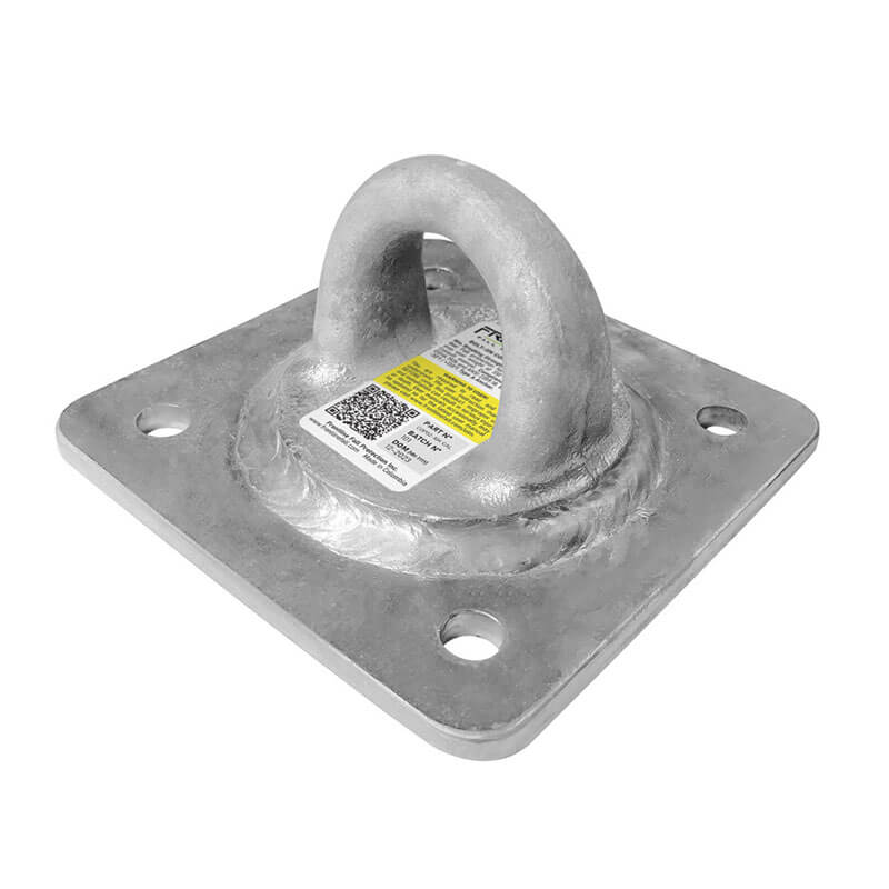 The Frontline Concrete & Steel 10K HDG Reusable Anchor Plate by Frontline Fall Protection has a square base with four corner holes, a central rounded loop for fall arrest, and features a label with text and QR code attached to the base.