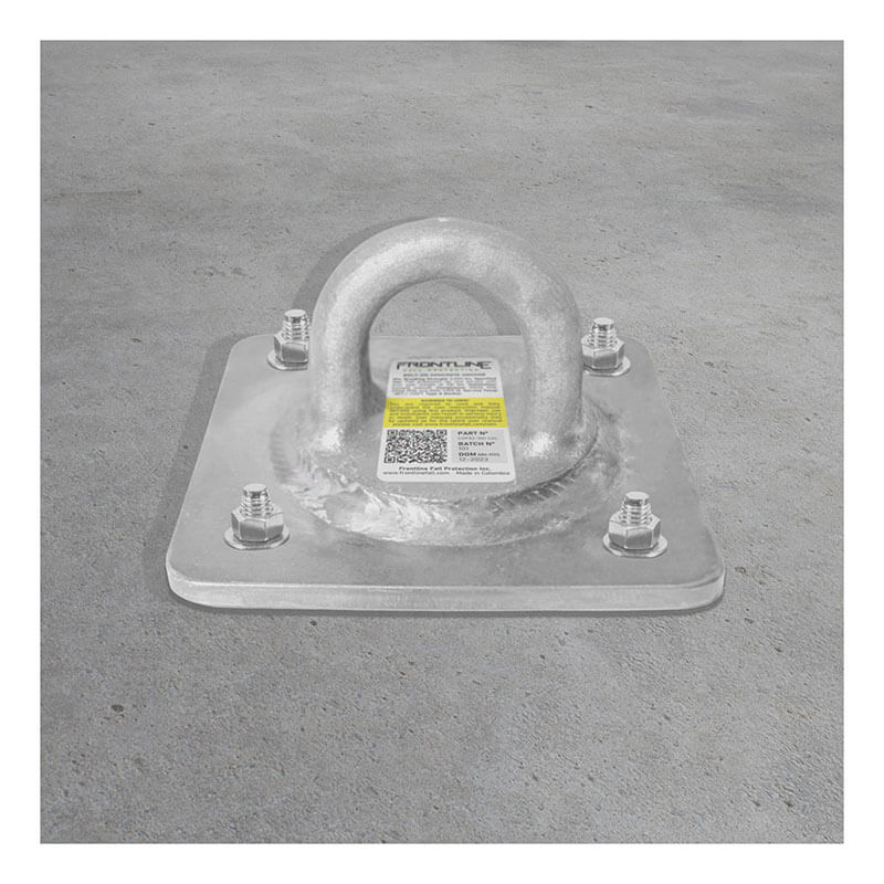 The Frontline Fall Protection Concrete & Steel 10K HDG Reusable Anchor Plate features a curved loop, square base, label with text and QR code, and is fixed to concrete with four bolts—ideal for fall arrest on concrete and steel structures.