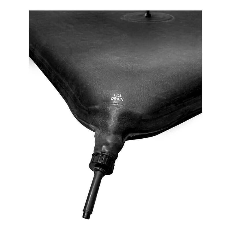 Close-up of a black plastic Frontline EcoAnchor Counterweight Fall Arrest Anchor System by Frontline Fall Protection, featuring a labeled "Fill Drain" spout and hose for stabilizing outdoor equipment like tents or canopies.