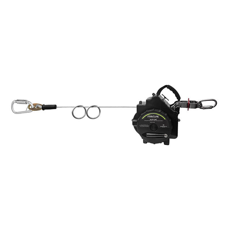 The Frontline Fall Protection Elite 2-Person 60' Temporary Horizontal Lifeline System features a black self-retracting lifeline with galvanized steel wire, carabiners, and rings for use with safety harnesses in fall arrest and horizontal lifeline systems.