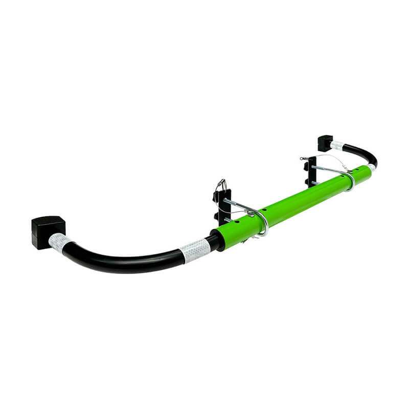 The Frontline Fall Protection Universal Ladder Stabilizer LAS48 is a green and black metal bar with mounting brackets on each end, designed for doorways or walls to stabilize ladders and enhance safety, much like a pull-up bar supports upper body workouts.
