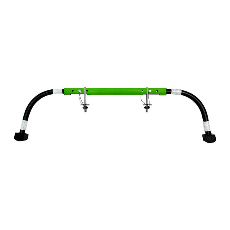 The Frontline Fall Protection LAS48 Universal Ladder Stabilizer is a green and black metal accessory with adjustable height, knobs, and rubber-capped feet that enhances ladder safety and support.