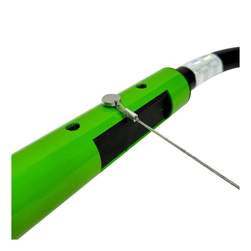 Close-up of a green metal pole with a steel cable attached via a small circular metal fitting, resembling parts of the Frontline Universal Ladder Stabilizer LAS48 by Frontline Fall Protection. White background.