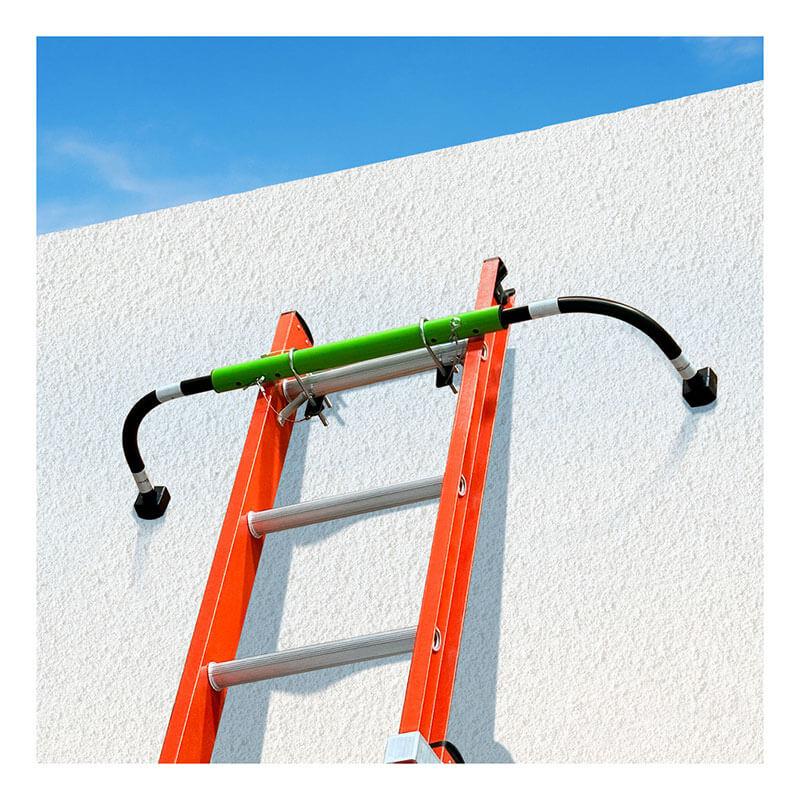 A Frontline Universal Ladder Stabilizer LAS48 by Frontline Fall Protection is attached to an orange ladder leaning on a white textured wall under a blue sky, enhancing safety by improving stability and protecting the wall.
