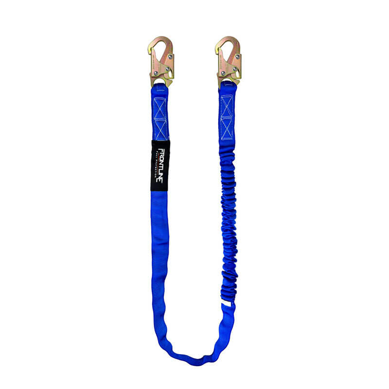 The Frontline Fall Protection Combat 6' Single Leg Snaphook Lanyard features two metal snap hooks, reinforced stitching, and a shock-absorbing section for fall protection.