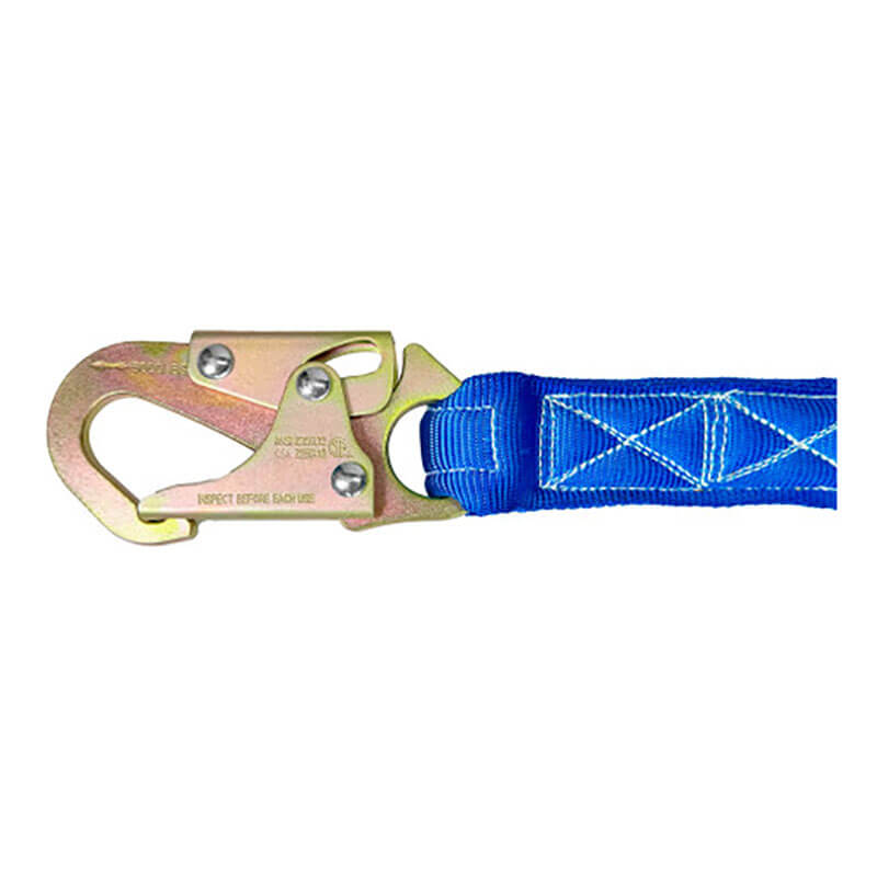 A close-up of the Frontline Combat 6' Single Leg Snaphook Lanyard w/Shock Absorber by Frontline Fall Protection, featuring a metal snaphook attached to blue reinforced webbing, used in fall protection safety harness systems.