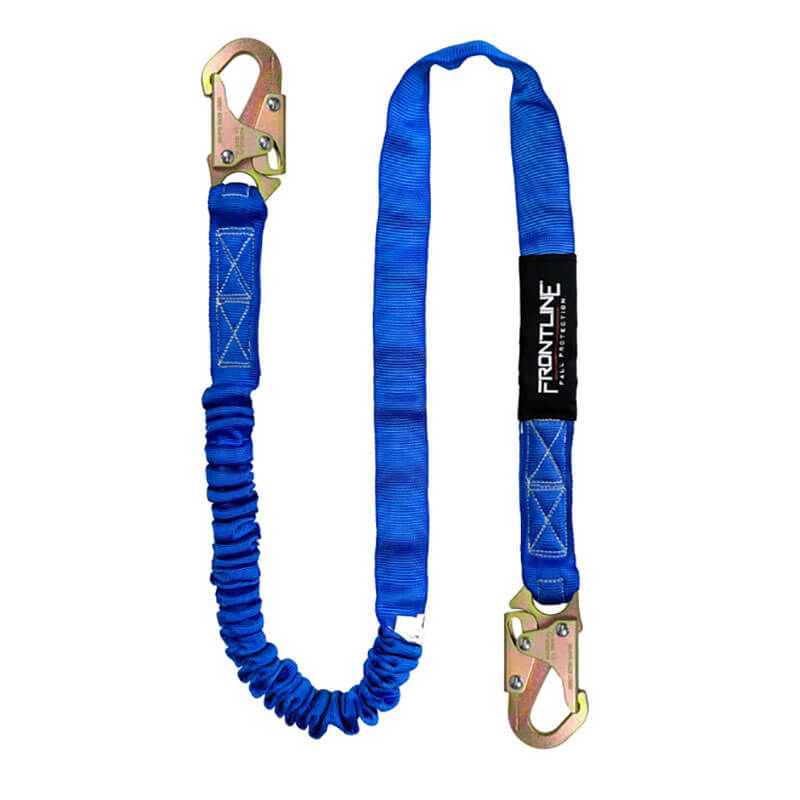 The Frontline Combat 6' Single Leg Snaphook Lanyard w/Shock Absorber by Frontline Fall Protection is a blue, shock-absorbing lanyard with metal hooks at each end, featuring a black "Frontline" label for fall protection.