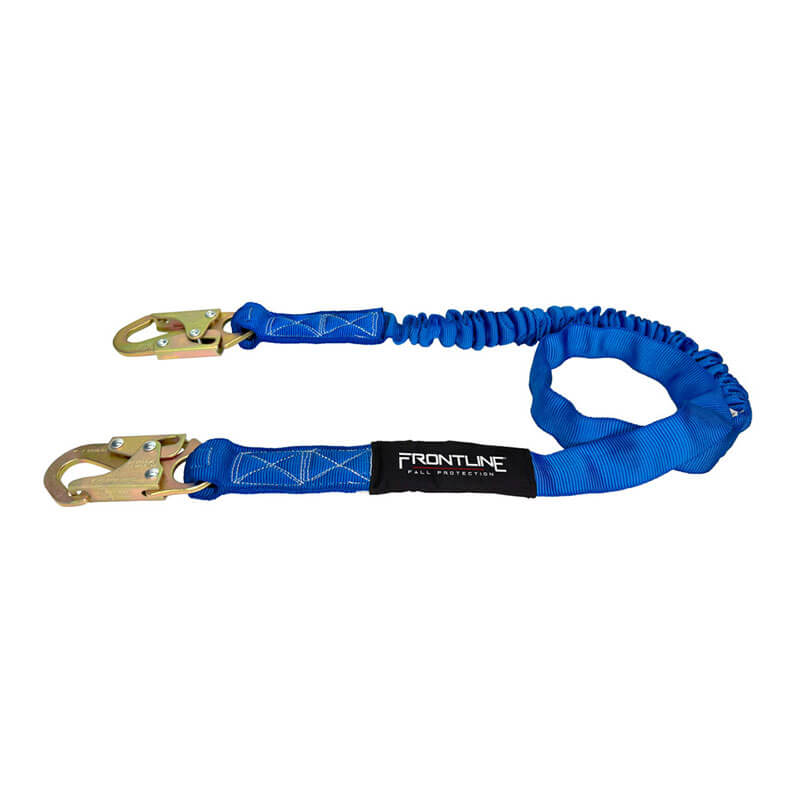 The Frontline Fall Protection Combat 6' Single Leg Snaphook Lanyard features a blue shock absorber, metal hooks on both ends, and a black FRONTLINE label, designed for fall protection and personal safety.