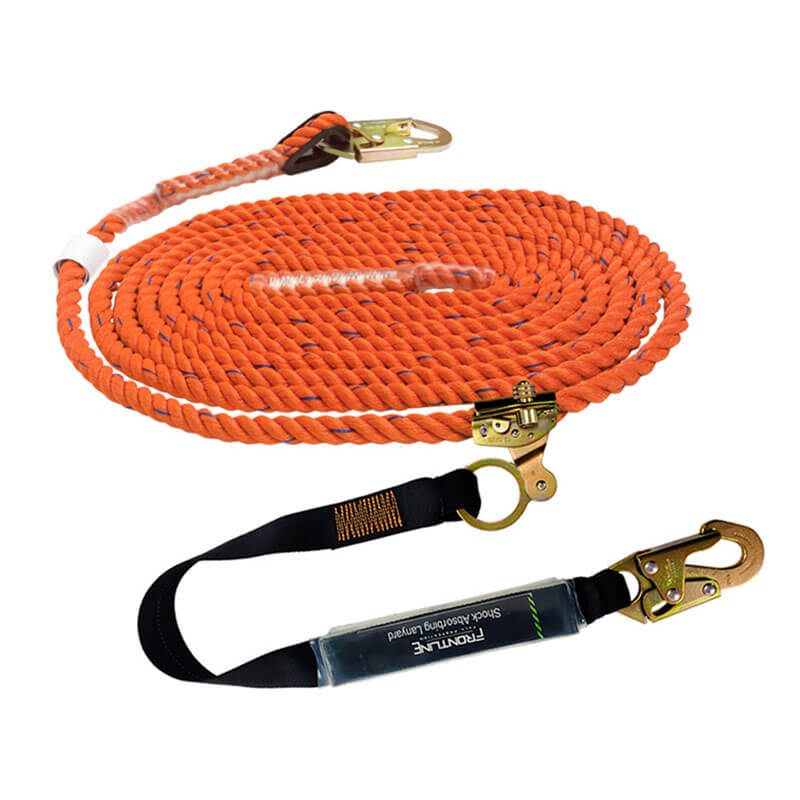 The Frontline Fall Protection Combat Premium Roofers Kit with 50' VLL RK110V50 includes a coiled orange safety rope, gold metal hook, and black lanyard, making it essential for fall protection or climbing safety when used with a roof anchor.