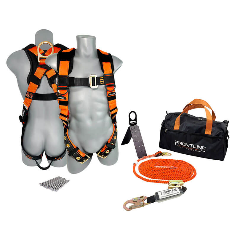The Frontline Fall Protection Combat Plus Roofers Kit with 50' VLL RK050V50 features orange and black safety harnesses on mannequins, a vertical lifeline rope with hook, anchor, fasteners, and a black FRONTLINE carrying bag.