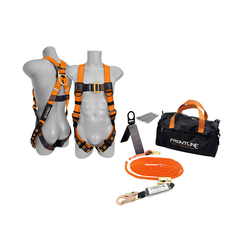 Two mannequin torsos showcase the Frontline Combat Complete Roofers Kit by Frontline Fall Protection, featuring an orange-black safety harness, carrying bag, rope with hook, metal roof anchor, belt, and screws—essential for roofing safety.