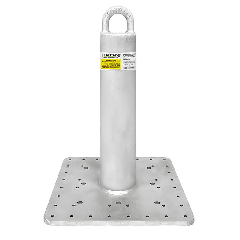 The Frontline Fall Protection Commercial Roof Anchor CAL-OSHA Compliant features a silver metal base with multiple holes, a vertical cylindrical post, oval handle, and yellow warning label for secure fall arrest on roofs.