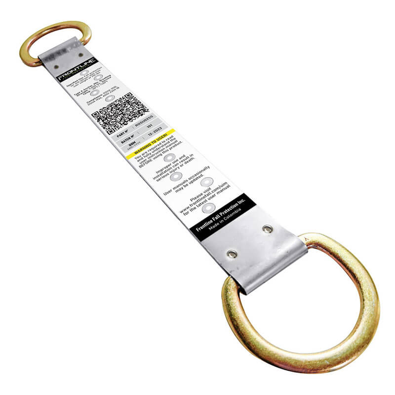 The Frontline Stainless Steel Permanent Roof Anchor features 2 double D-rings and a center label. Made by Frontline Fall Protection, its stainless steel construction offers corrosion resistance, making it ideal for construction and industrial safety.