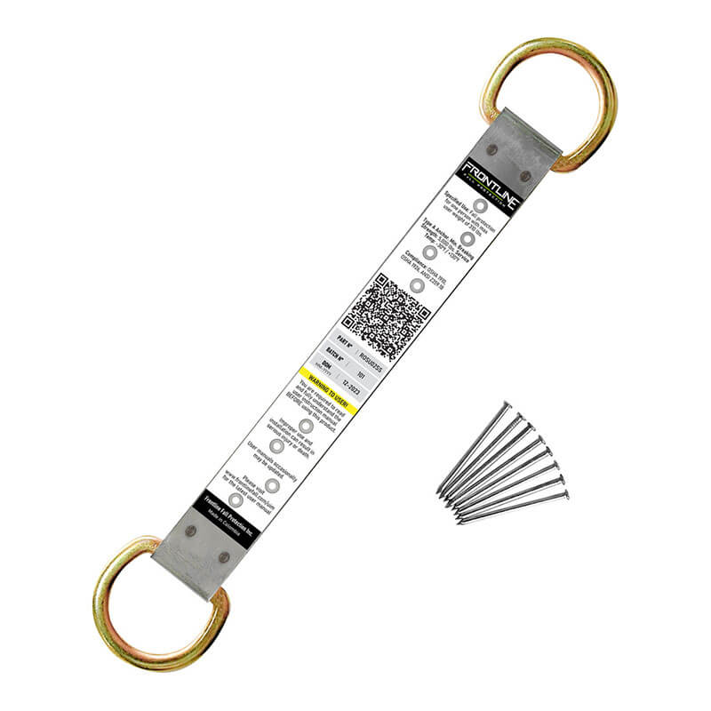 The Frontline Stainless Steel Permanent Roof Anchor with 2 gold D-Rings from Frontline Fall Protection ensures durability and corrosion resistance, featuring a white center label and comes with six silver nails for added safety.