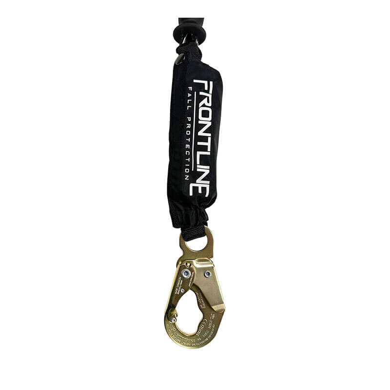 The Frontline Cable 10' SRL with steel snap hook end and absorber from Frontline Fall Protection ensures secure attachment on job sites.
