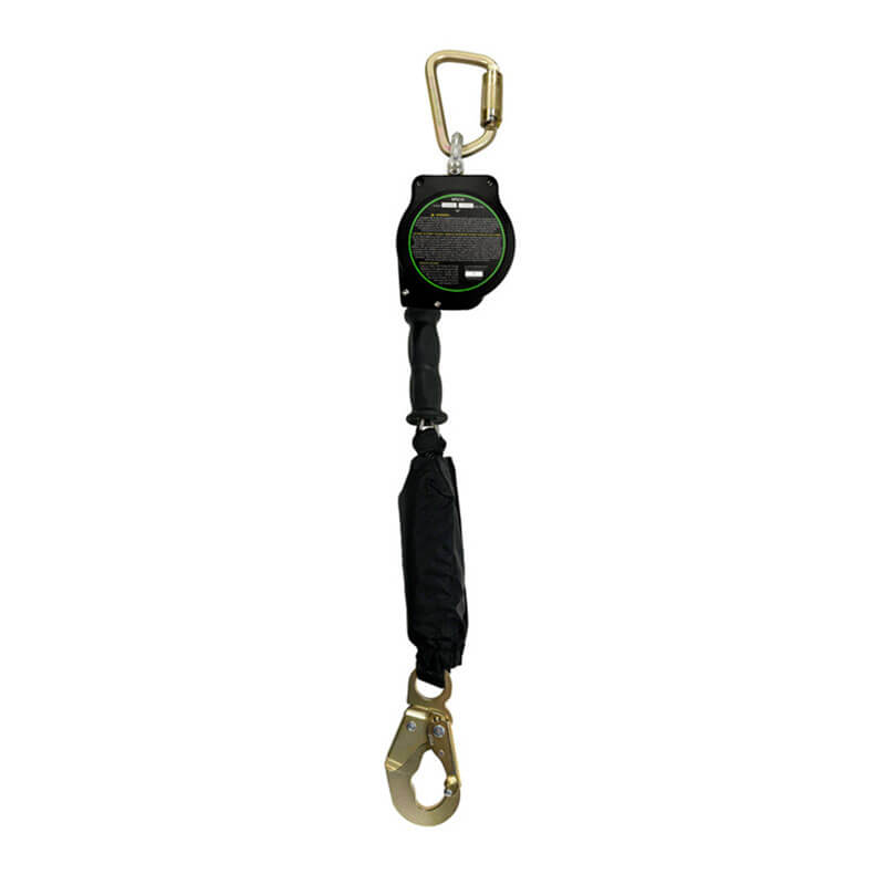 The Frontline Fall Protection Cable 10' SRL with steel snap hook end and absorber is a black, self-retracting lifeline with galvanized cable, designed for fall protection in construction or industrial use.